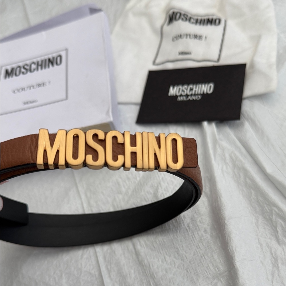 Moschino Brown Leather Belt with Gold Logo